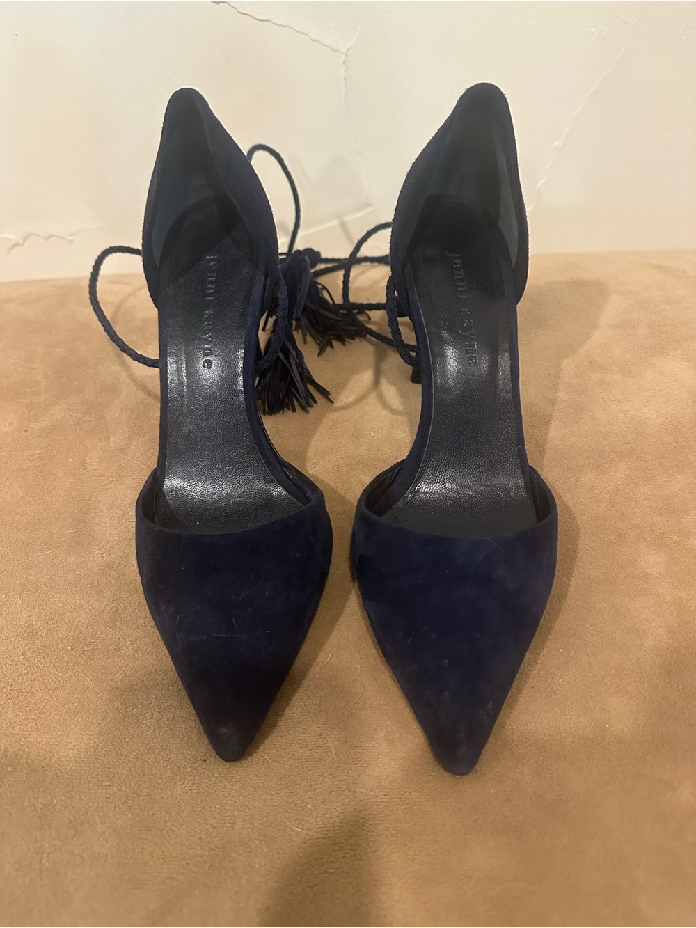 Jenni Kayne D'Orsay Tassel Heel Navy Suede Pointed Toe